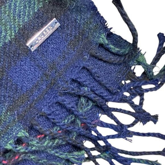 Ralph Lauren Shawl OS Green Tartan Plaid Reversable Ruana Blue Fax Fur Collar - Picture 4 of 12